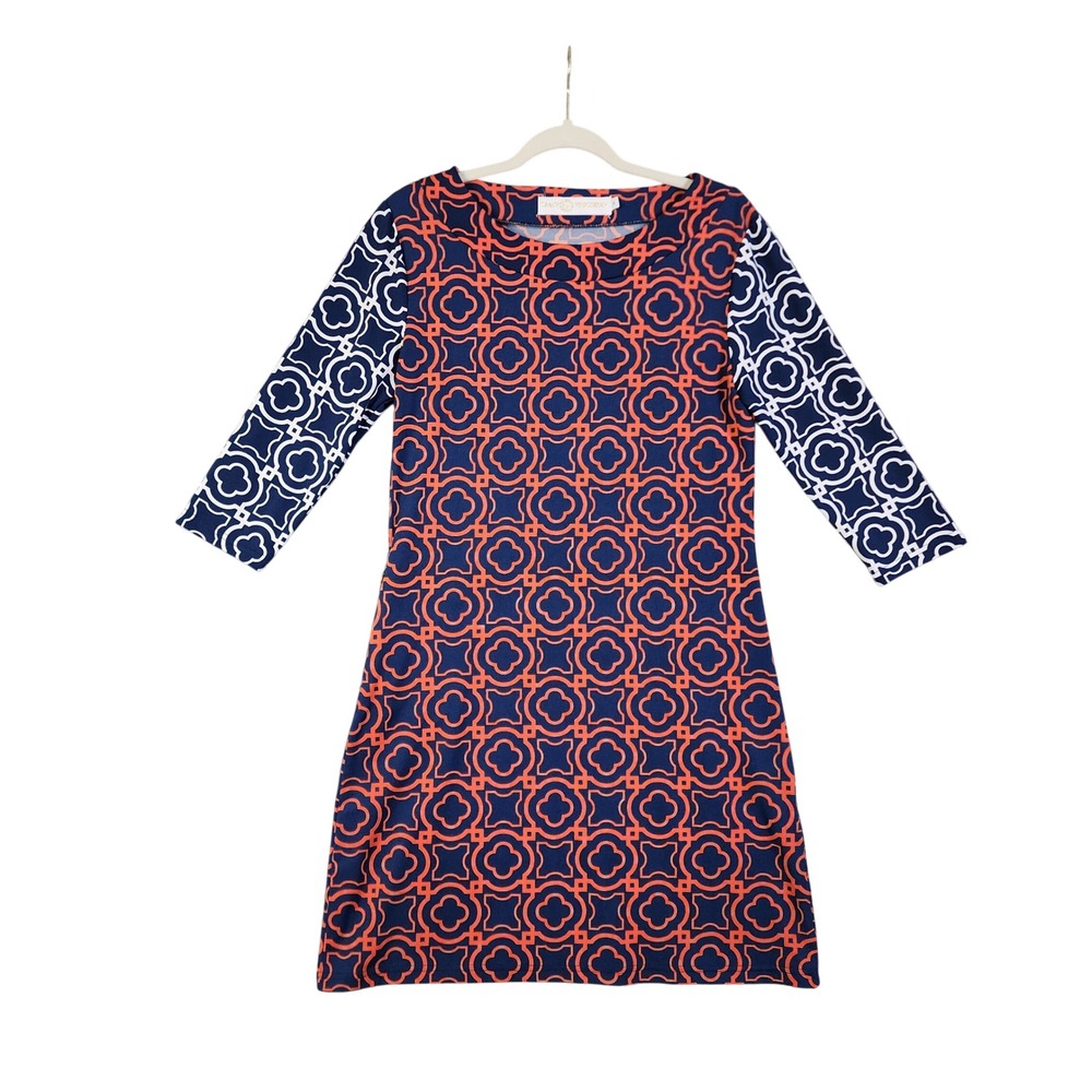 Tracy Negoshian Womens Auburn Dress Size Small Navy Blue Orange Geometric Print